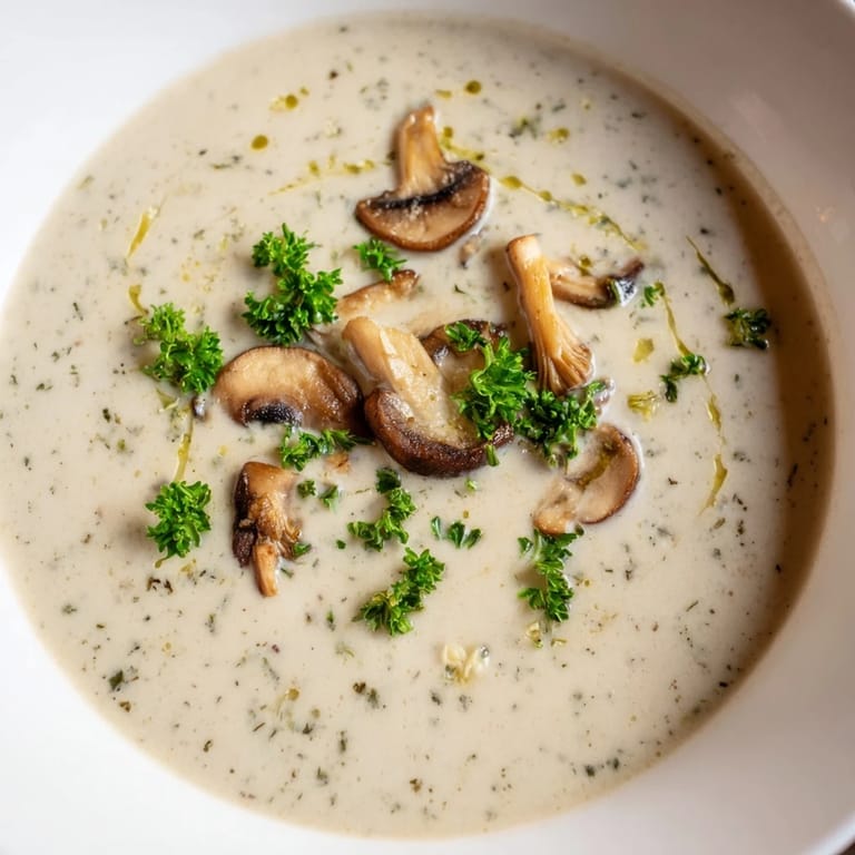 Silky smooth Creamy Mushroom Bisque, perfect for dipping crusty bread, ready to eat.
