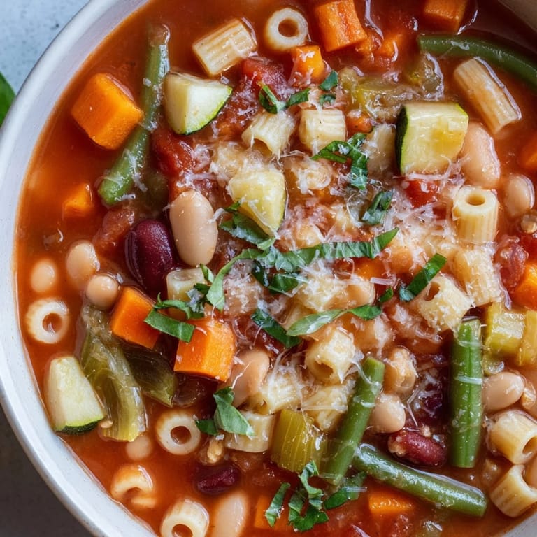 Hearty Tomato Basil Minestrone, vibrant with tomatoes and vegetables, ready to be enjoyed.