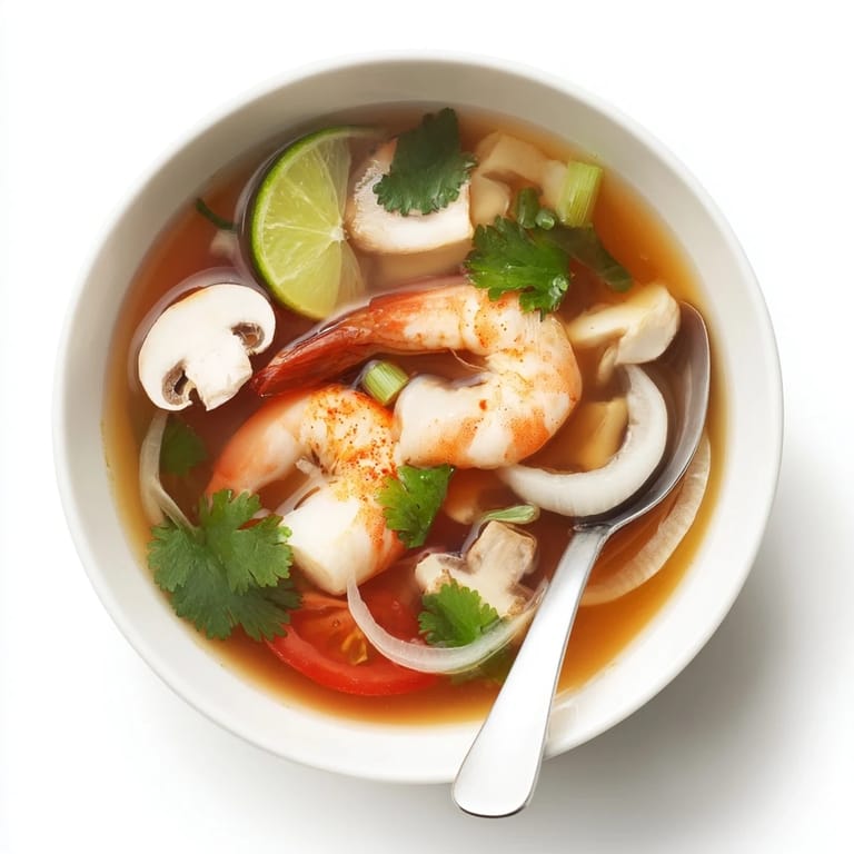 Close-up of a flavorful Spicy Tom Yum Soup with mushrooms, shrimp, and aromatic broth ready to serve.