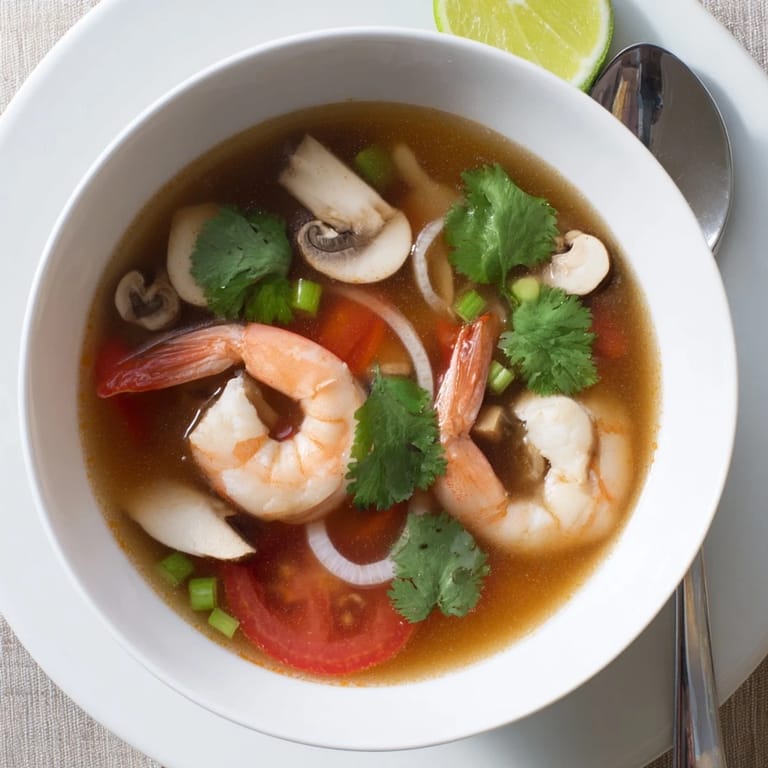 Enjoy a comforting bowl of Spicy Tom Yum Soup, a Thai classic with refreshing lime and chilies.