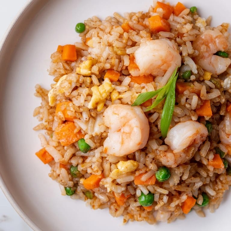 A close-up of vibrant Shrimp Garlic Fried Rice, garnished with fresh green onions and served with a bright lime wedge on the side.