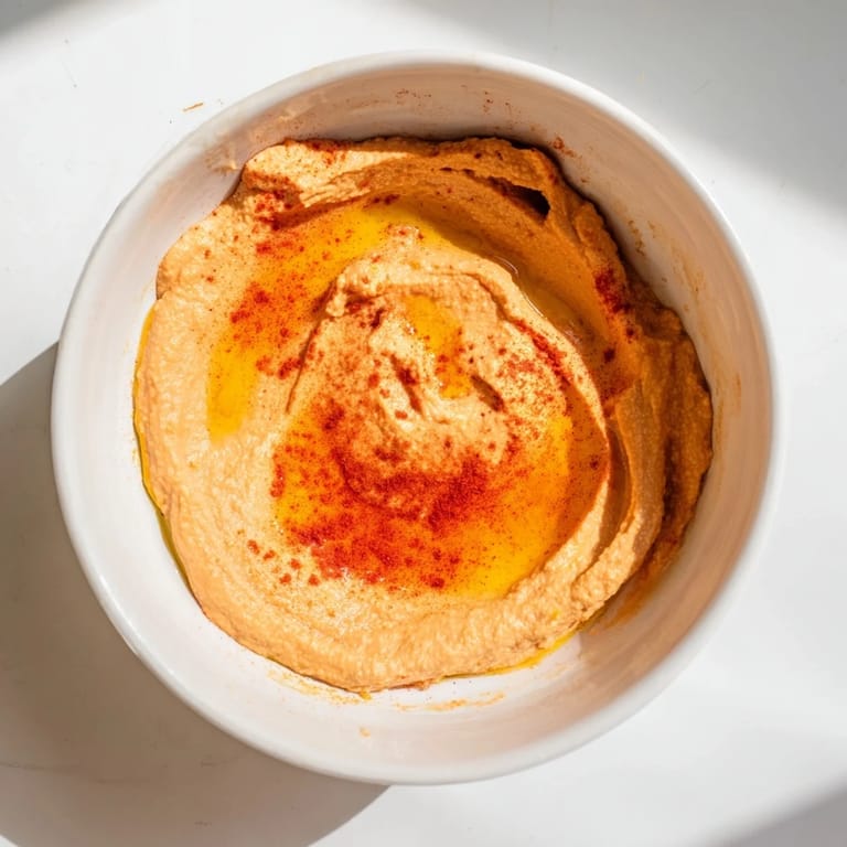 A close-up of homemade roasted red pepper hummus in a food processor, showing its rich, creamy texture and deep red color.