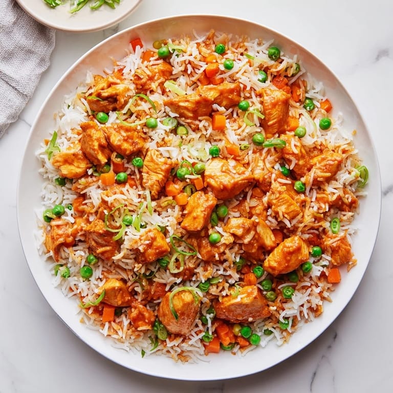 Fusion Butter Chicken Fried Rice served on a plate, garnished with cilantro and paired with a refreshing cucumber raita.