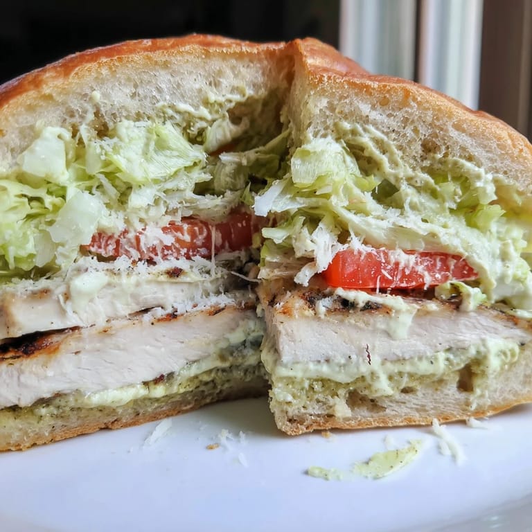 Homemade Caesar Chicken Sandwich with tender meat, chopped romaine, and creamy sauce, prepared on a grill pan for a weeknight meal.