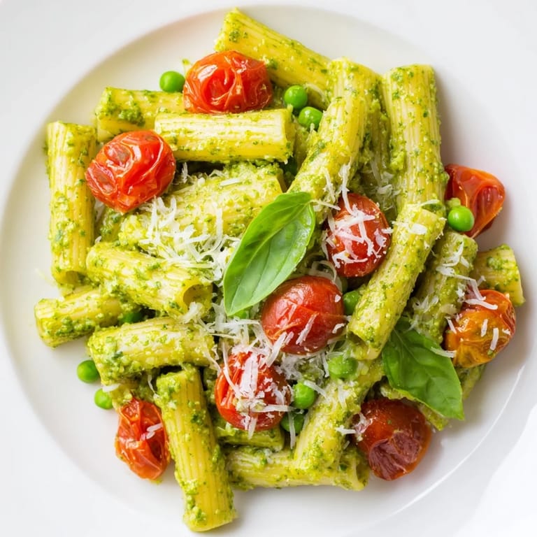 Close-up of green pesto pasta salad, showcasing tender fusilli, vibrant peas, and juicy red cherry tomatoes.