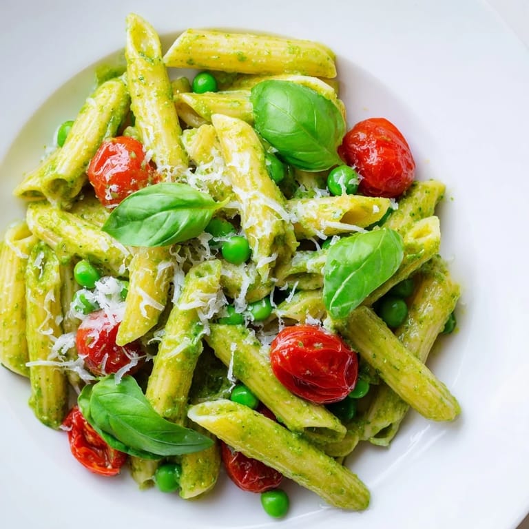 A serving of green pesto pasta salad, generously tossed with olive oil and garnished with Parmesan.  