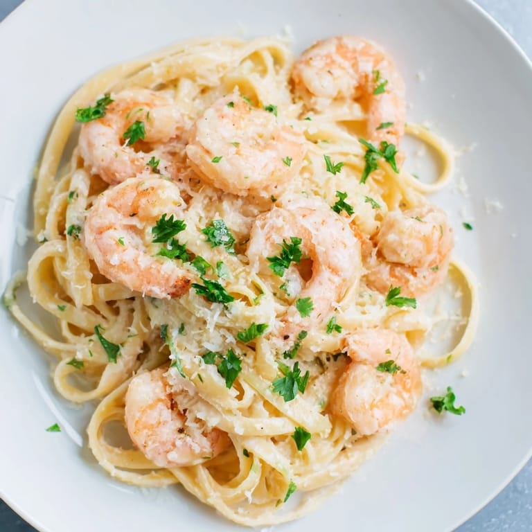 Steaming bowl of Creamy Garlic Shrimp Pasta, garnished with fresh parsley and lemon wedges for a bright, zesty finish.