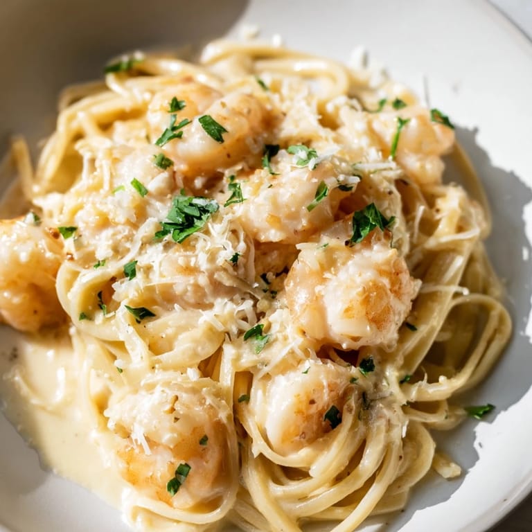 Restaurant-quality Creamy Garlic Shrimp Pasta, featuring tender shrimp tossed in velvety Parmesan cream, perfect for an elegant weeknight dinner.