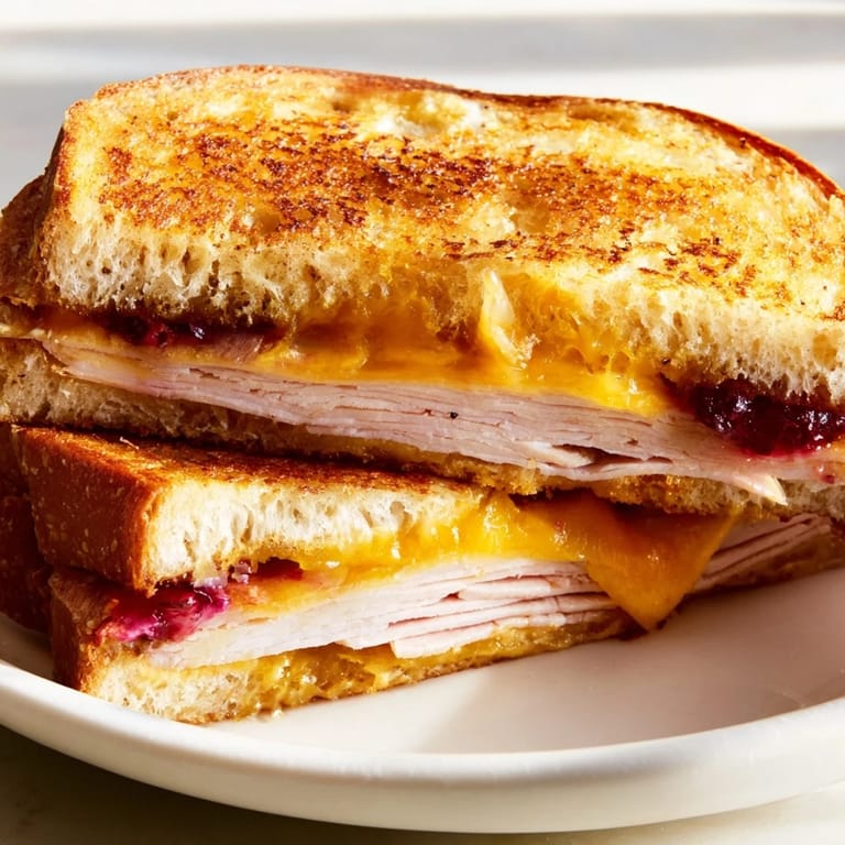 Warm, toasted turkey grilled cheese with sharp cheddar and tangy cranberry sauce, served on a plate.