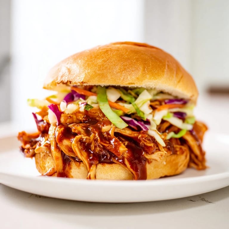 Savory pulled chicken sandwich served on a soft bun, perfect for weeknight family dinners.