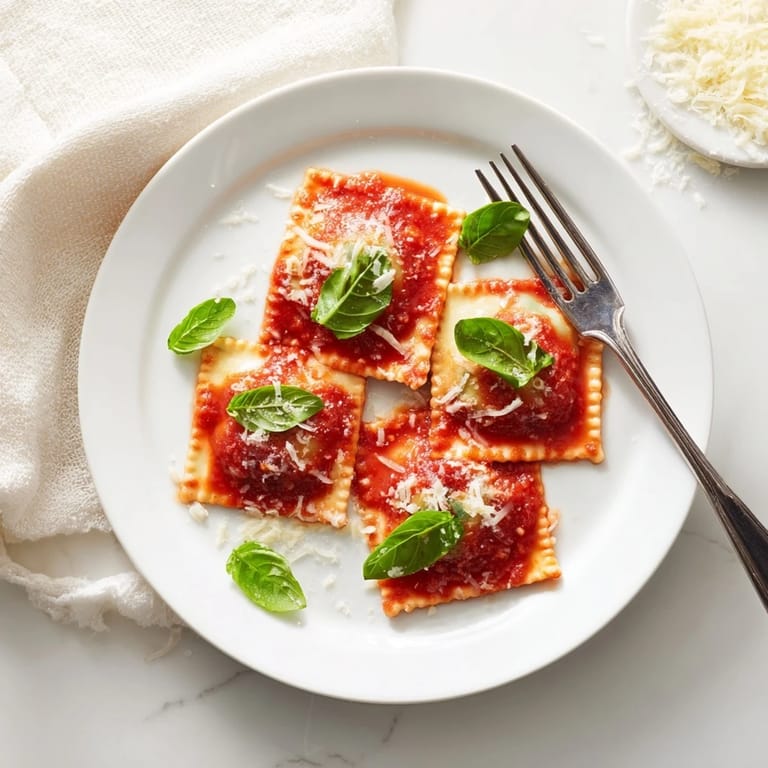 Savory Spinach Ricotta Ravioli arranged on a white plate, garnished with basil leaves, ready to be served for a cozy Italian dinner.