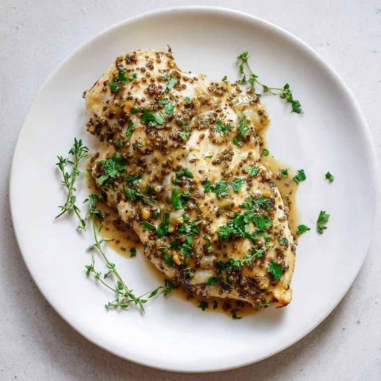 Tender chicken breasts coated in tangy honey Dijon sauce, garnished with herbs and ready to serve with rice.