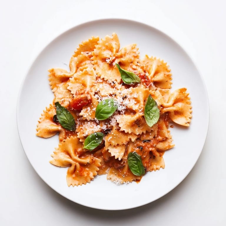 Steaming Tomato Basil Bowtie Pasta in a skillet, topped with extra grated Parmesan cheese and a drizzle of olive oil.  