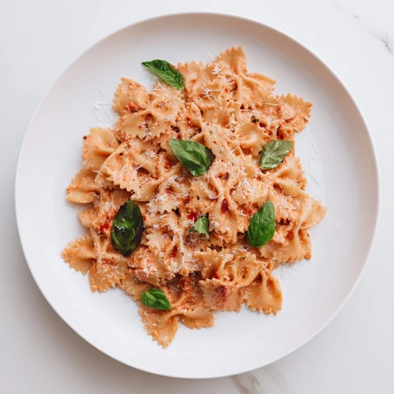 Brightly lit bowl of Tomato Basil Bowtie Pasta, served alongside crusty garlic bread and a fresh green salad.