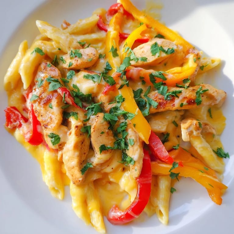 Close-up of Fajita Chicken Pasta Skillet showing golden pasta, melted cheddar, and fresh cilantro garnish on a wooden table.