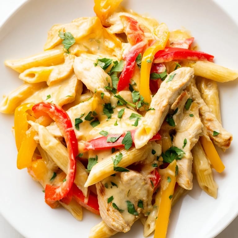 A steaming Fajita Chicken Pasta Skillet served with lime wedges and jalapeños for a zesty, Tex-Mex-inspired weeknight dinner.