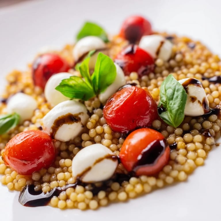 A vibrant Caprese Couscous Salad served on a white platter, drizzled with balsamic glaze and garnished with fresh basil leaves.  
