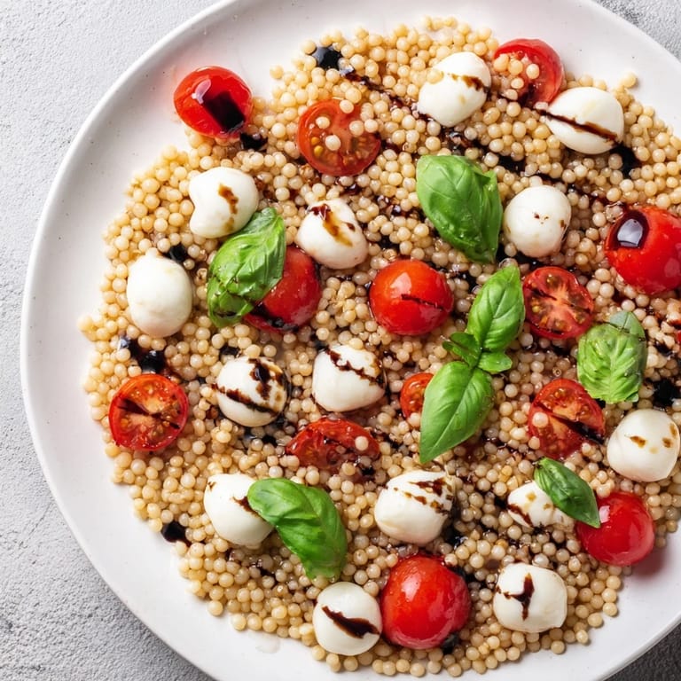 A chilled bowl of Caprese Couscous Salad features juicy tomatoes, mozzarella, and a drizzle of balsamic glaze, perfect for a light vegetarian meal.