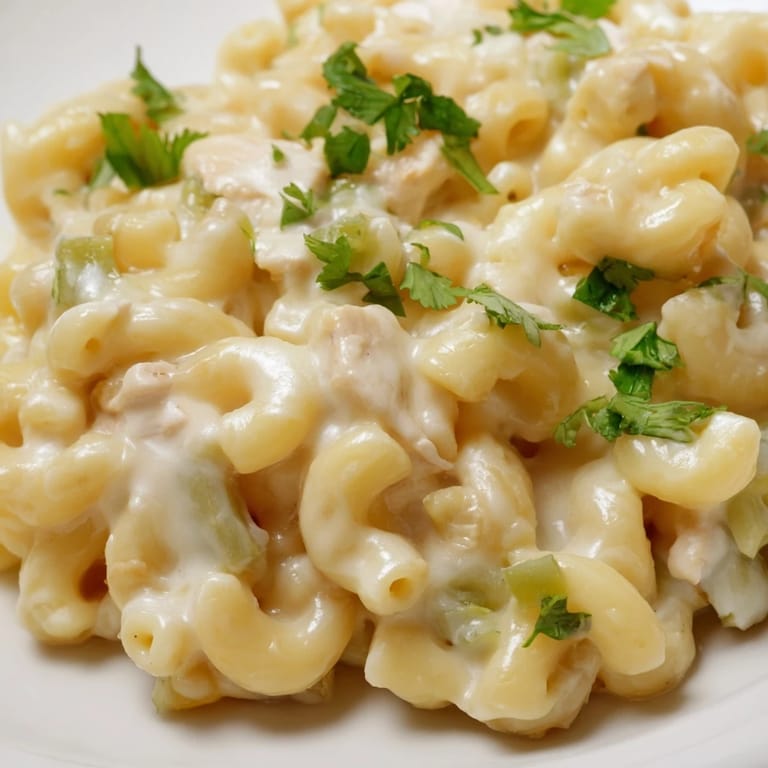 Steaming bowl of Green Chili Chicken Mac topped with fresh cilantro and jalapeño slices, served alongside a crisp green salad.