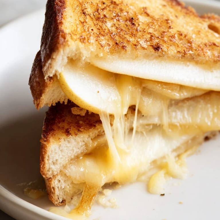 Served cut on a wooden board, this gourmet grilled cheese pairs perfectly with a hot bowl of tomato soup.