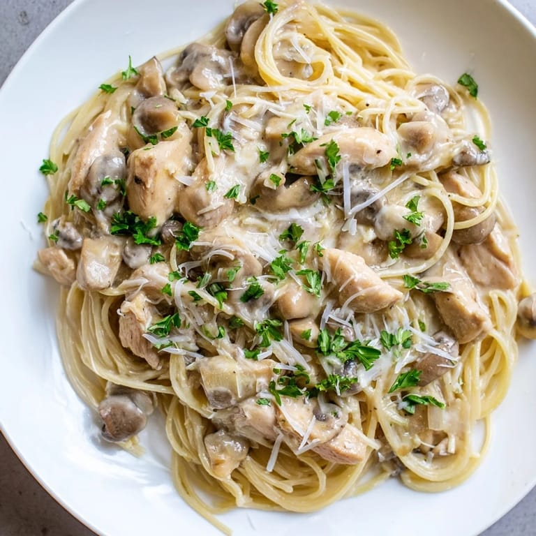 A close-up view of Creamy Mushroom Chicken Spaghettini, highlighting the silky sauce coating the pasta and the sautéed mushrooms' texture.
