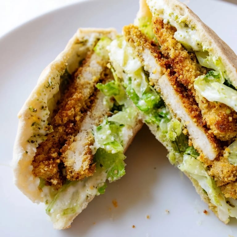 Golden breaded chicken strips tucked into soft pita with Caesar salad and lemon wedges for bright flavor.