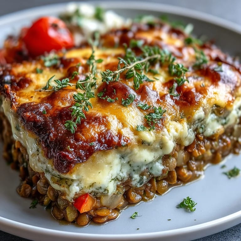 A hearty serving of Green Lentil and Vegetable Casserole paired with crusty bread for a comforting vegetarian meal.