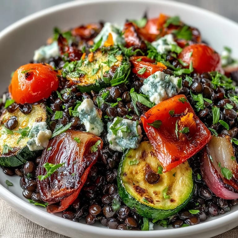 Hearty black lentil salad, featuring tender roasted vegetables and fresh herbs, ready to serve.