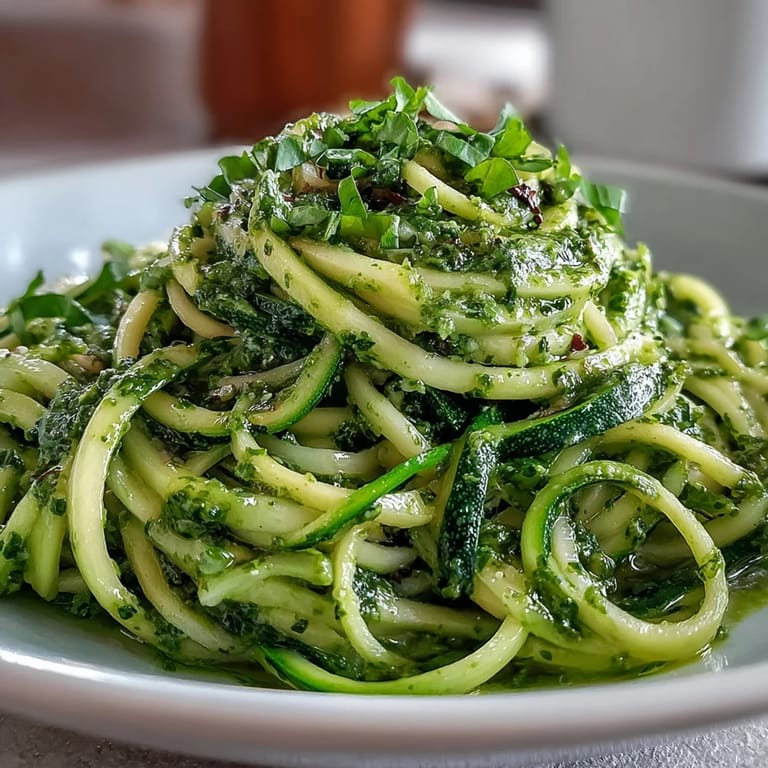 Zucchini noodles tossed in bright, garlicky pesto, garnished with Parmesan cheese.