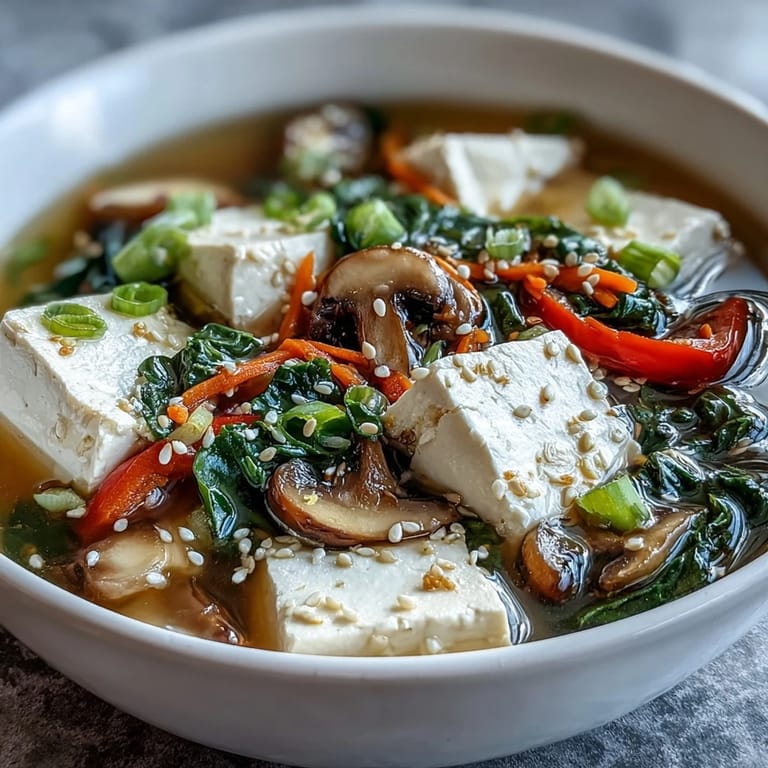 Bright orange carrots, green bok choy, and red bell pepper float in this light, comforting Asian-inspired Tofu and Vegetable Soup, ready to serve hot.  