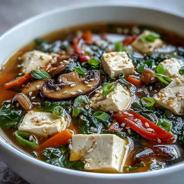 Ladle the aromatic Tofu and Vegetable Soup into white bowls, featuring tender shiitake mushrooms, crisp vegetables, and delicate silken tofu in a savory broth.