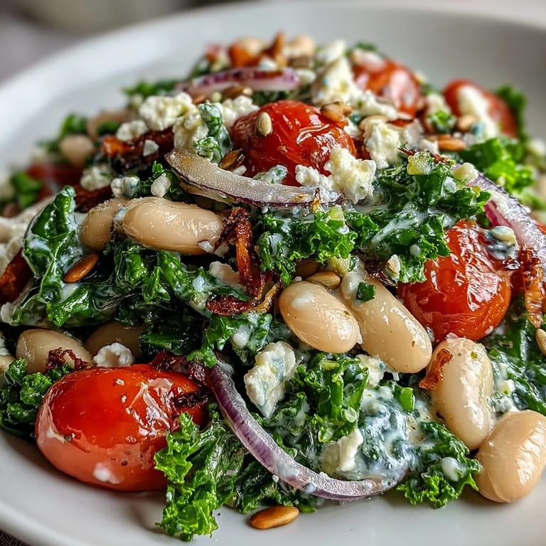 Crisp kale and creamy white beans tossed in a zesty dressing, ready for dinner.