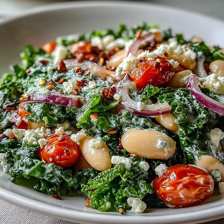 Vibrant white bean and kale salad served with toasted seeds and fresh tomatoes.