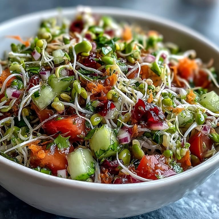 The finished Sprouted Seed Salad served in a white bowl, showcasing crisp cucumber, juicy tomato, and grated carrot garnished with fresh cilantro.
