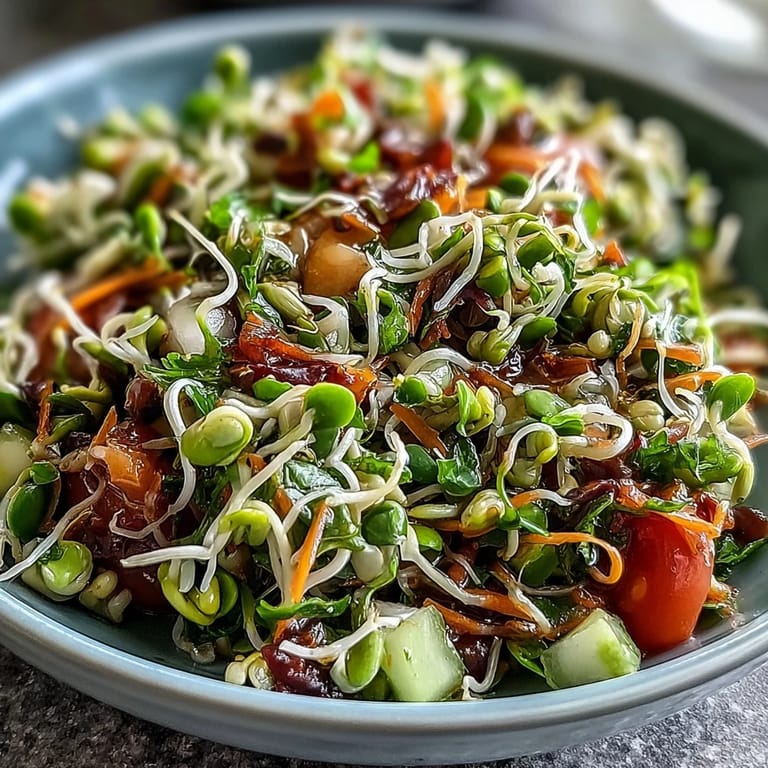 Freshly prepared Sprouted Seed Salad with vibrant sprouts and colorful veggies tossed in a zesty lemon-olive oil dressing, ready to serve immediately.