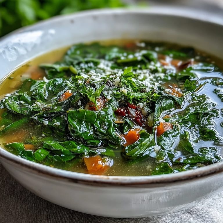 Bright green Swiss Chard Soup ladled into white bowls, featuring leafy greens and a light, aromatic vegetable broth.