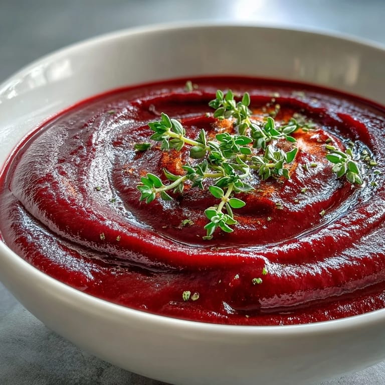 Velvety roasted beet soup served in a rustic ceramic bowl with a slice of crusty bread on the side.  