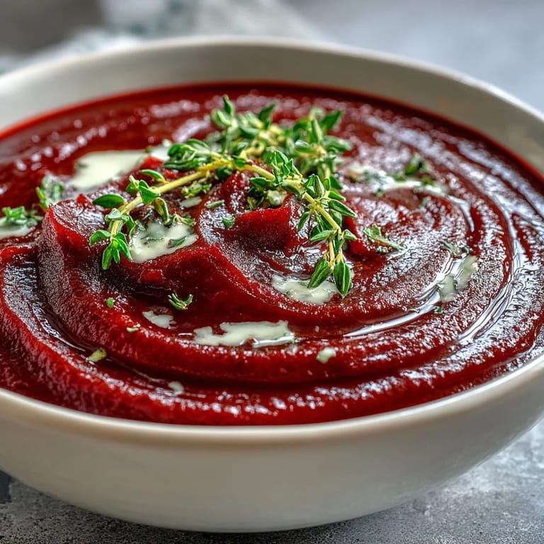 A spoon dips into creamy roasted beet soup, revealing its rich, deep red color and smooth texture.