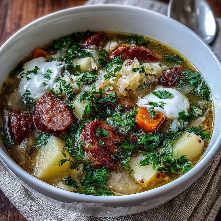 Savory Sauerkraut Soup simmering with smoked sausage, potatoes, and carrots in a rustic ceramic pot.