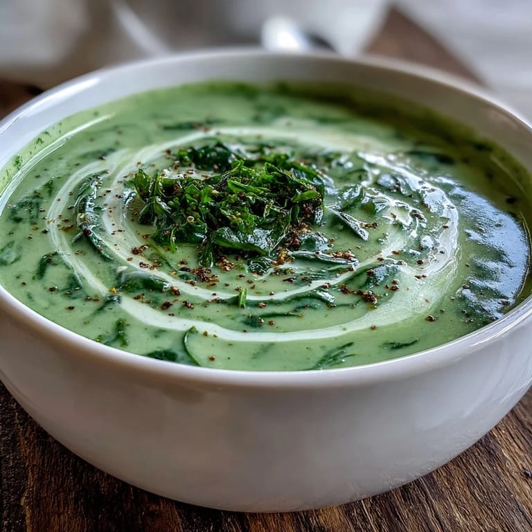 Velvety spinach soup in a rustic mug, steam rising, perfect for a cozy light lunch.