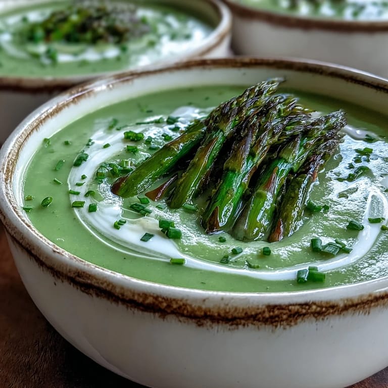 Velvety green asparagus soup in a white ceramic bowl, steam rising beside a crusty bread slice.  