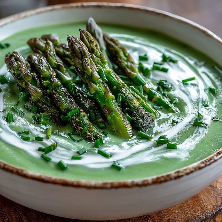 Elegant spring asparagus soup with a swirl of cream, served in a shallow bowl with herbs.