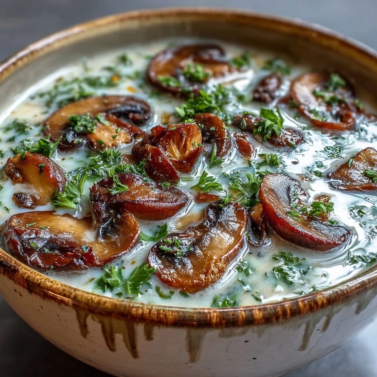 Earthy mushroom soup simmering with thyme and cream, shown in a rustic pot ready to be ladled.