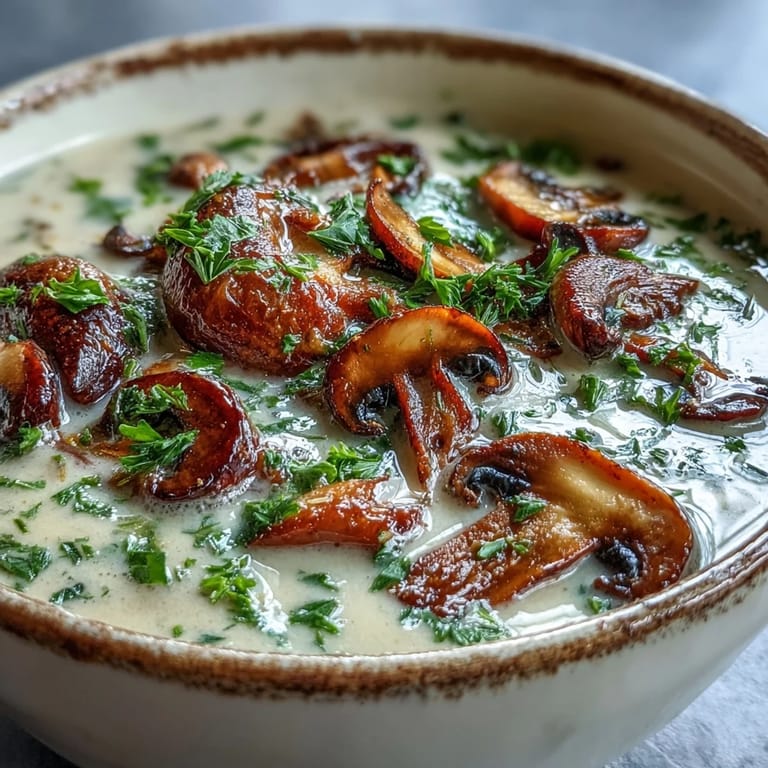 Rich, velvety mushroom soup in a white bowl, topped with chopped parsley for a fresh, vibrant finish.