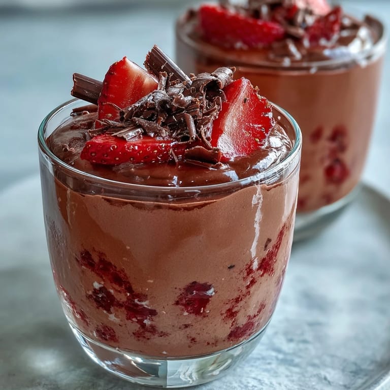 Decadent Chocolate-Covered Strawberry Mousse with shaved chocolate, perfect for elegant dinner parties or romantic date nights.