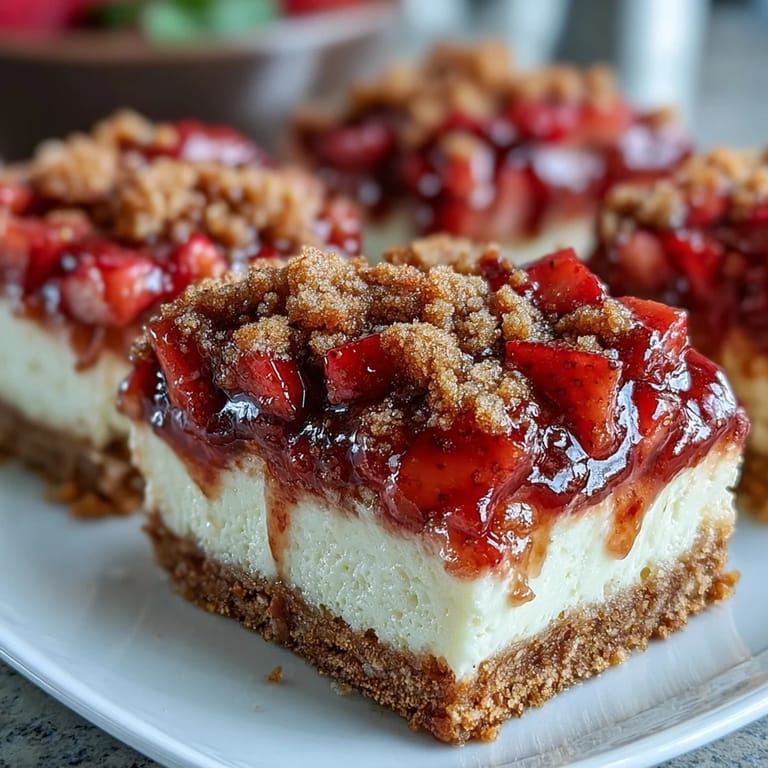 Creamy Strawberry Cheesecake Bars cut into squares, revealing layers of buttery crust and bright fruit topping on a rustic table.