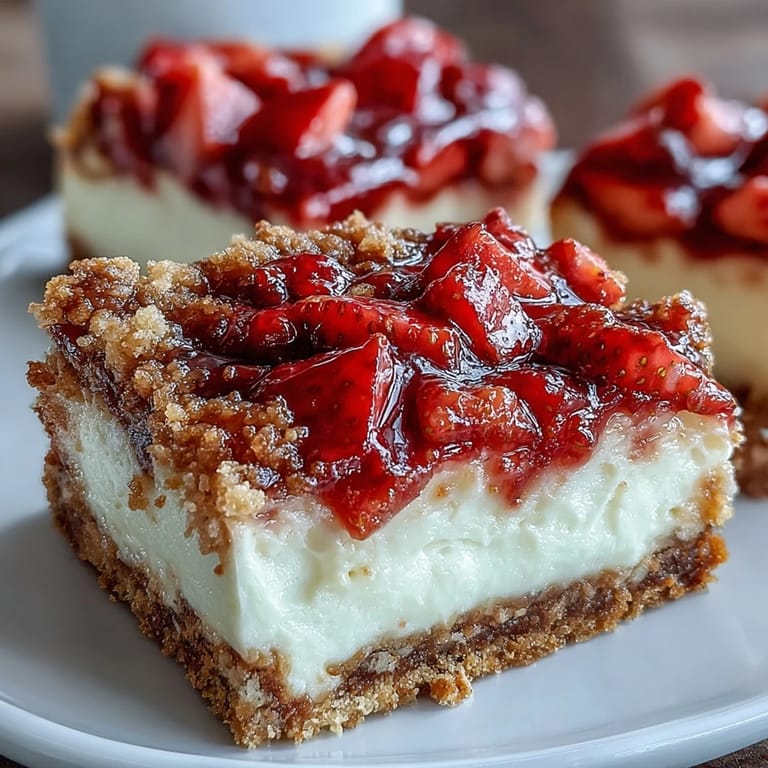 Homemade Strawberry Cheesecake Bars stacked on a white plate with fresh berries, perfect for a sweet dessert at a party.