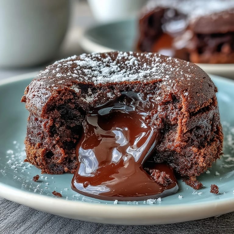 Individually baked Chocolate Lava Cakes with Espresso are plated near a spoonful of vanilla ice cream and espresso beans for serving.