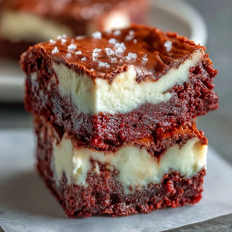 Red Velvet Cheesecake Brownies baked in a pan, drizzled with cream cheese frosting for holiday indulgence.
