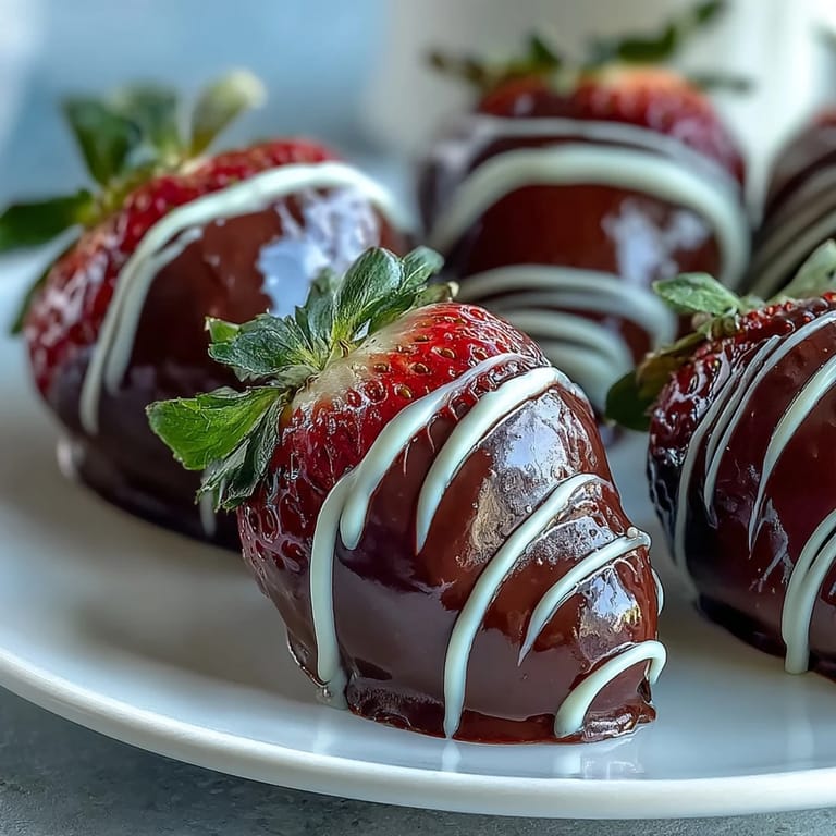 Chocolate-Covered Strawberries with white chocolate drizzle, perfect for romantic date nights or parties.